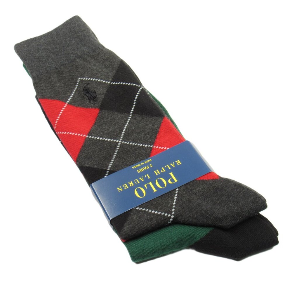 Polo Ralph Lauren Men's Dress Socks Argyle & Solid Gray/Green 2 Pairs Size 10-13